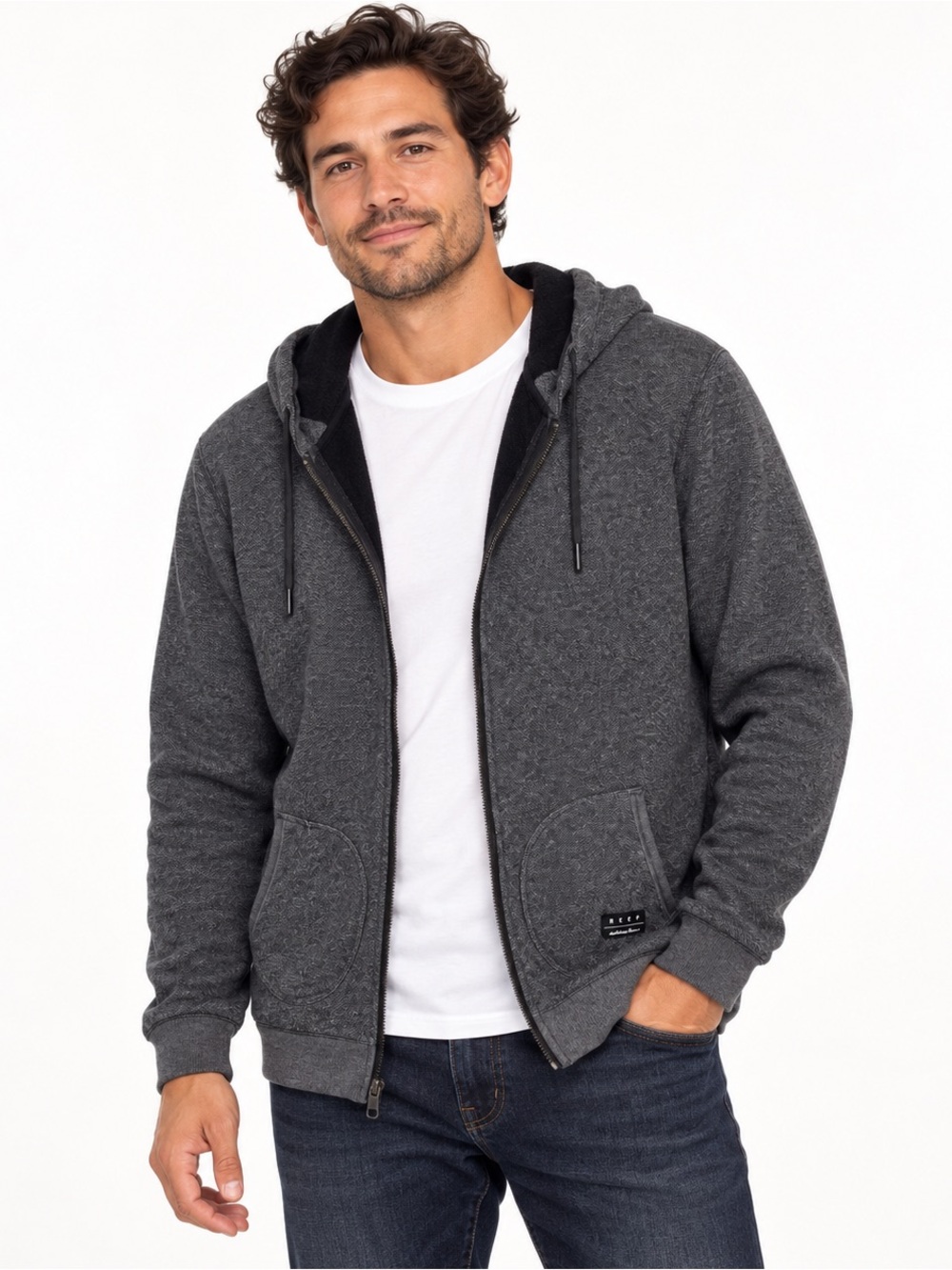 REEF Men’s XL Charcoal Gray Fleece-Lined Full Zip Hoodie Jacket